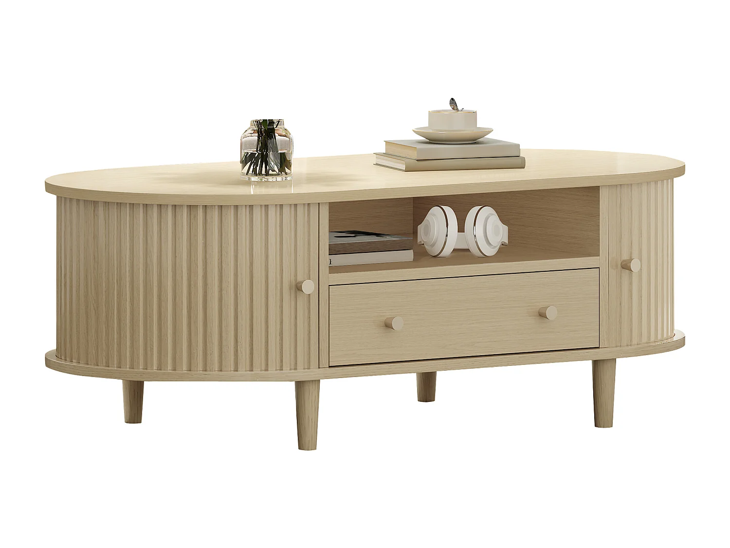 Ovaler Beistelltisch 100x50x36 cm - 1 Schublade und 2 Schiebetüren - Offener Stauraum - Nussbaumfurnier - MDF - Natur