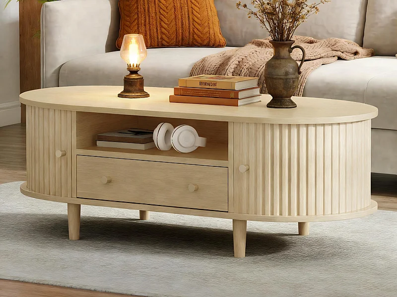 Ovaler Beistelltisch 100x50x36 cm - 1 Schublade und 2 Schiebetüren - Offener Stauraum - Nussbaumfurnier - MDF - Natur