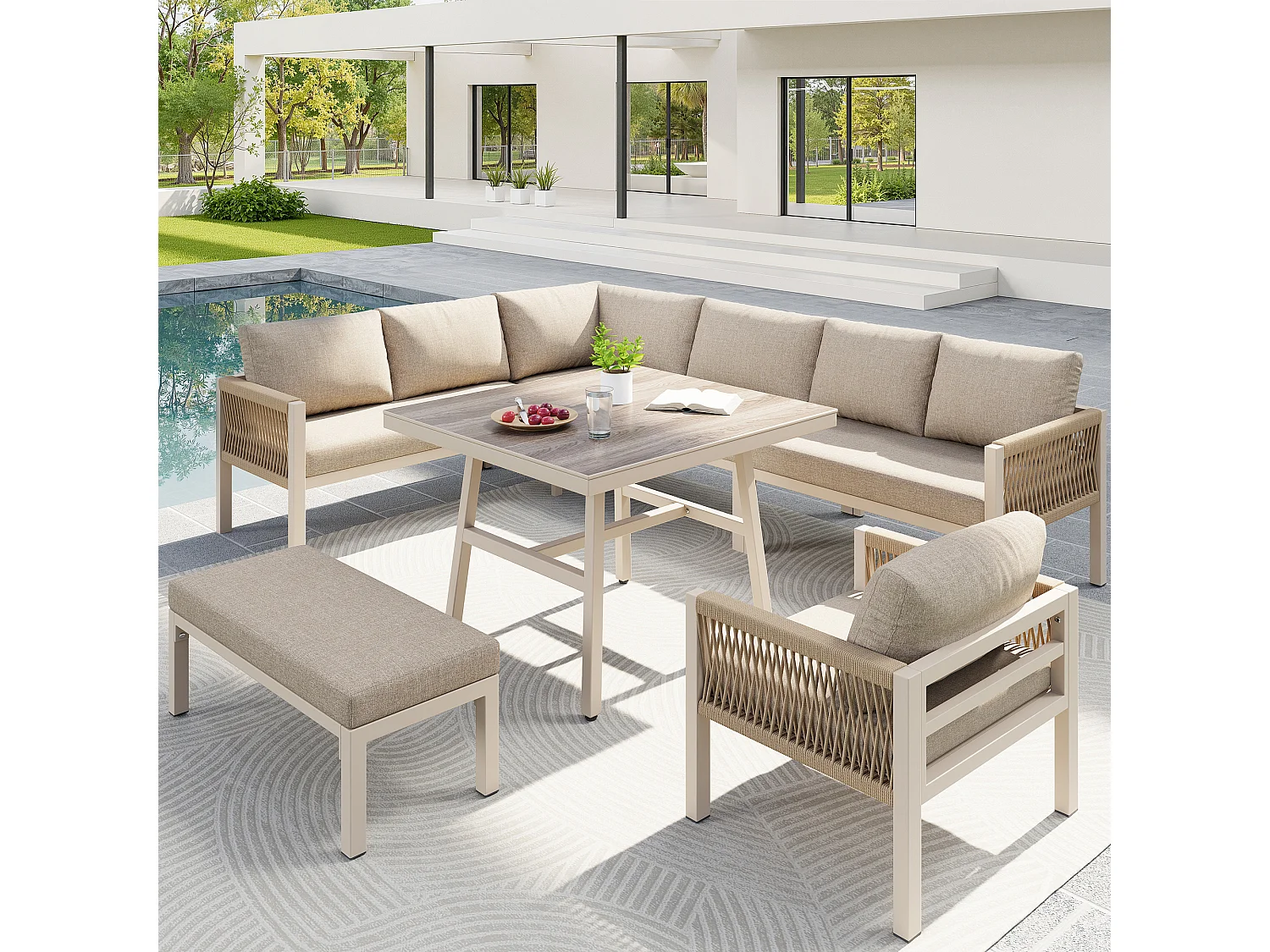 Salon de jardin, ensemble de meubles en rotin PE pour 6-7 personnes - cordage - canapé d'angle - en fer galvanisé - tables - fauteuils - banc, Beige