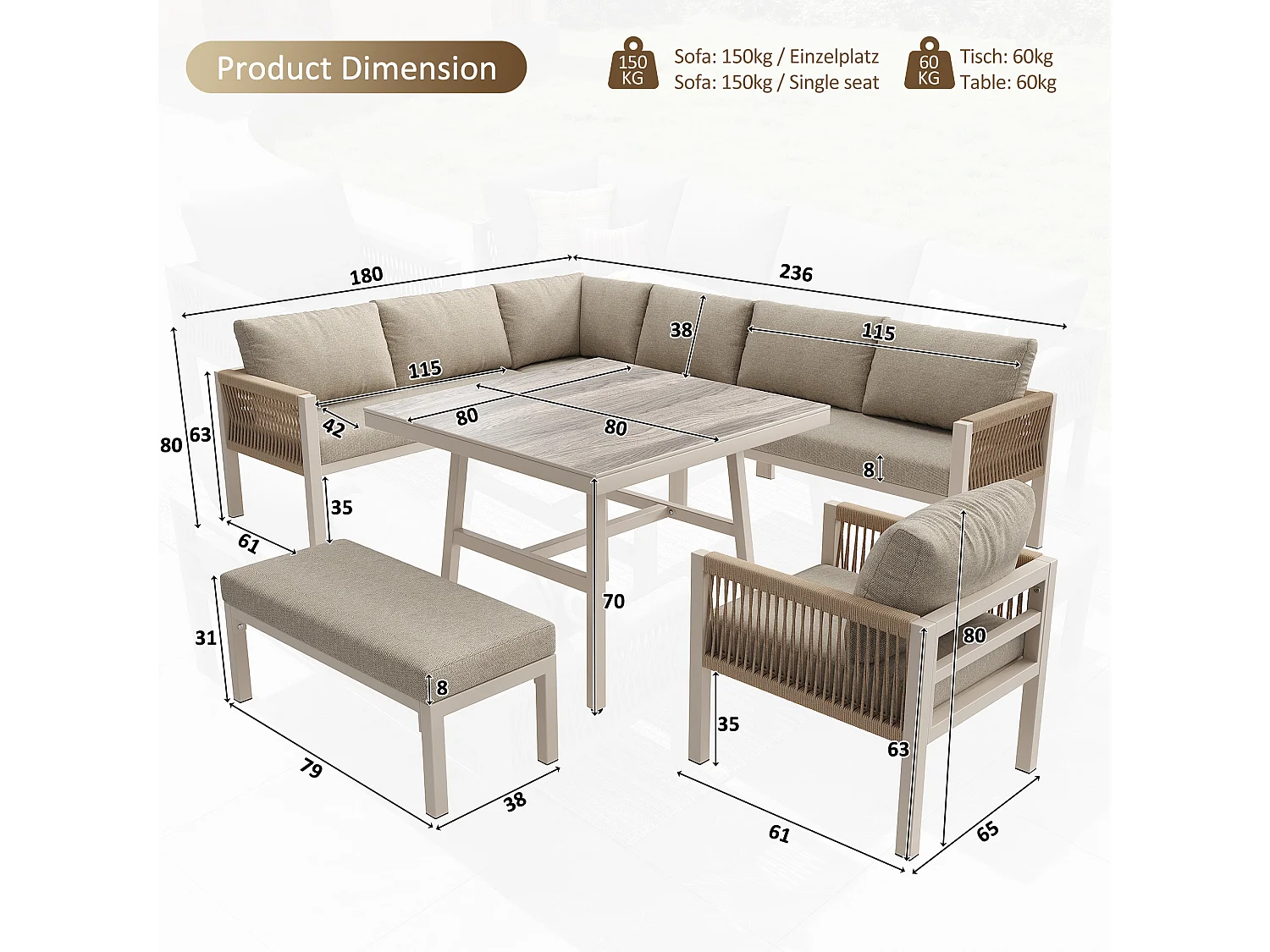Salon de jardin, ensemble de meubles en rotin PE pour 6-7 personnes - cordage - canapé d'angle - en fer galvanisé - tables - fauteuils - banc, Beige