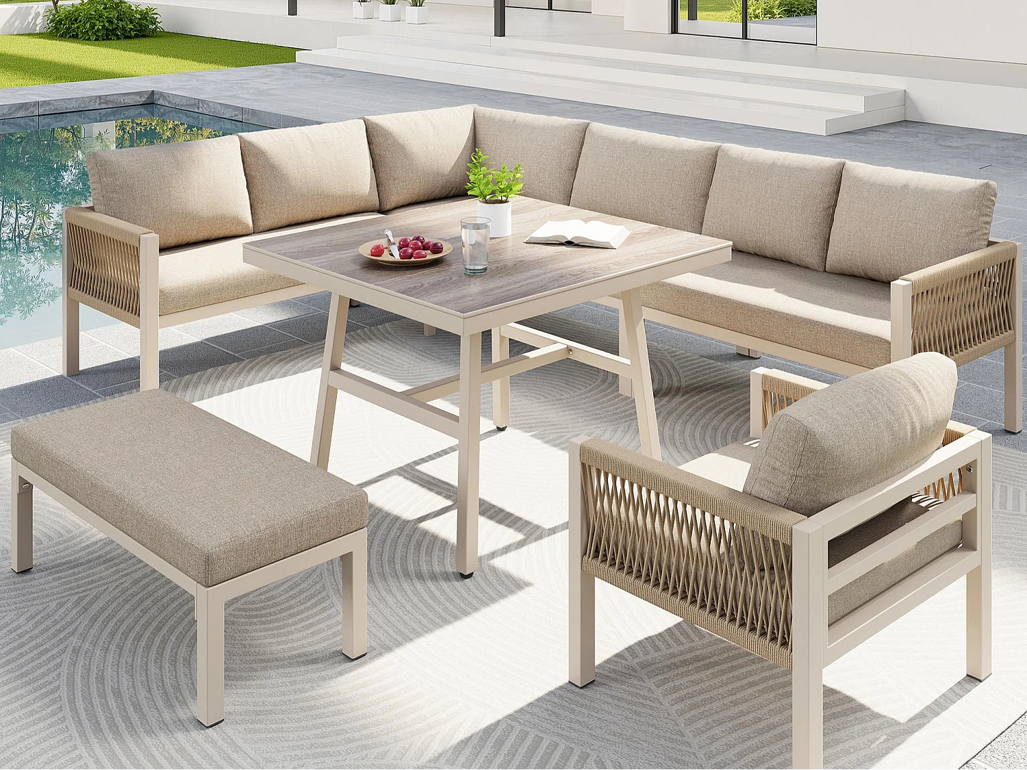 Salon de jardin, ensemble de meubles en rotin PE pour 6-7 personnes - cordage - canapé d'angle - en fer galvanisé - tables - fauteuils - banc, Beige