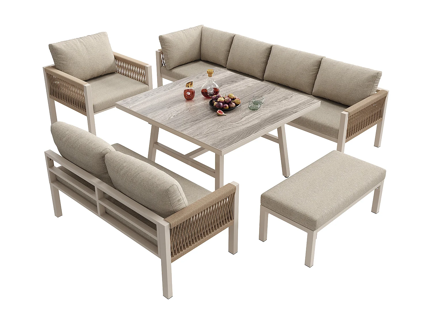 Salon de jardin, ensemble de meubles en rotin PE pour 6-7 personnes - cordage - canapé d'angle - en fer galvanisé - tables - fauteuils - banc, Beige