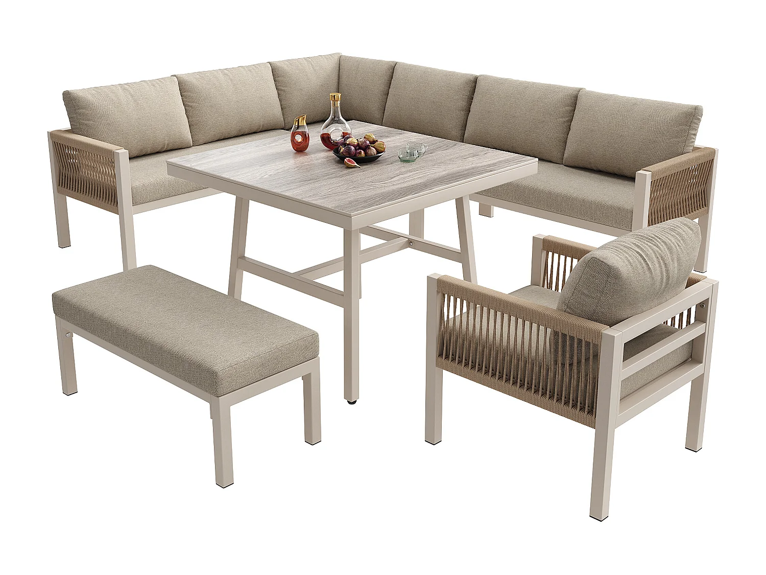 Salon de jardin, ensemble de meubles en rotin PE pour 6-7 personnes - cordage - canapé d'angle - en fer galvanisé - tables - fauteuils - banc, Beige