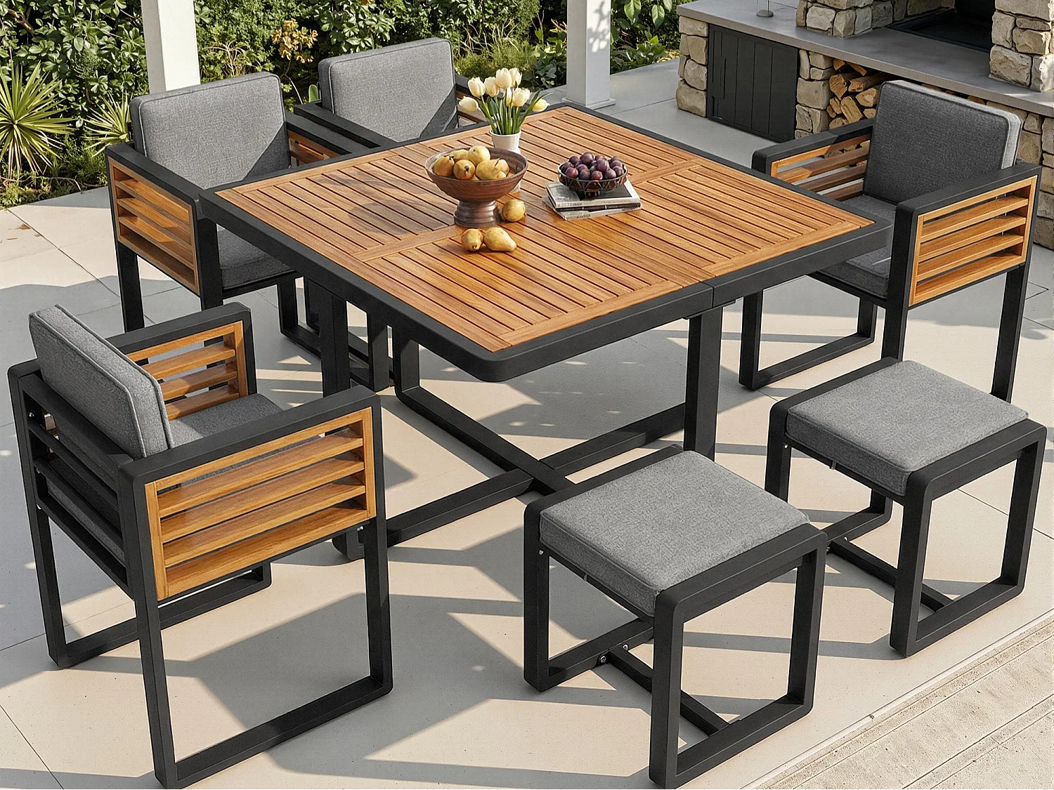 Ensemble de salle à manger de jardin pour 4-6 places, 1 tables à manger avec plateau en verre, en fer galvanisé, 4 fauteuils, 2 tabourets, gris