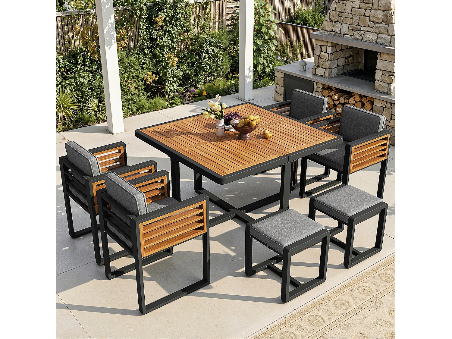 Ensemble de salle à manger de jardin pour 4-6 places, 1 tables à manger avec plateau en verre, en fer galvanisé, 4 fauteuils, 2 tabourets, gris