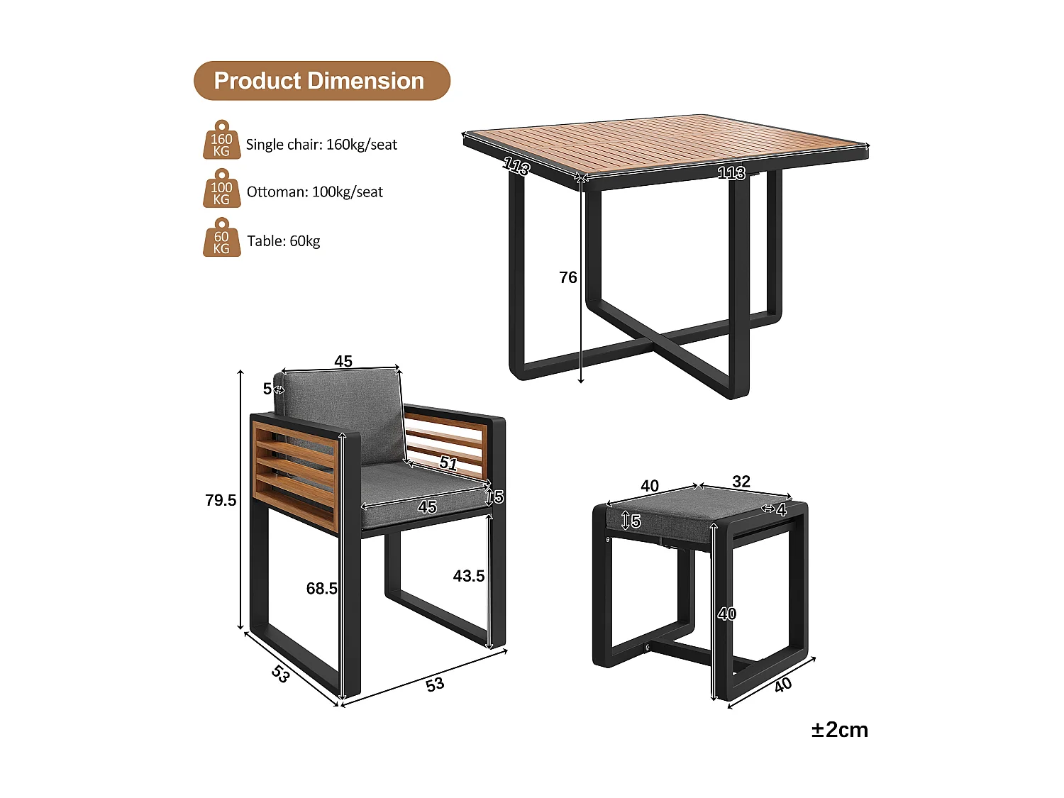 Ensemble de salle à manger de jardin pour 4-6 places, 1 tables à manger avec plateau en verre, en fer galvanisé, 4 fauteuils, 2 tabourets, gris