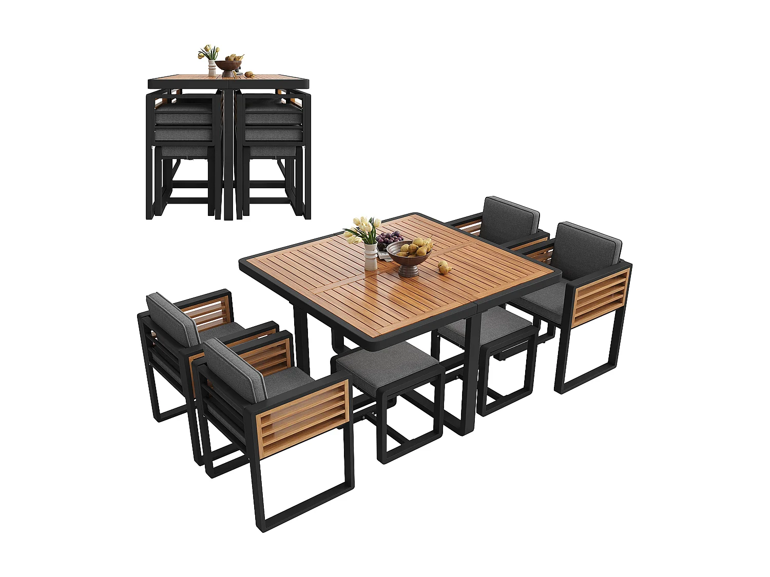 Ensemble de salle à manger de jardin pour 4-6 places, 1 tables à manger avec plateau en verre, en fer galvanisé, 4 fauteuils, 2 tabourets, gris