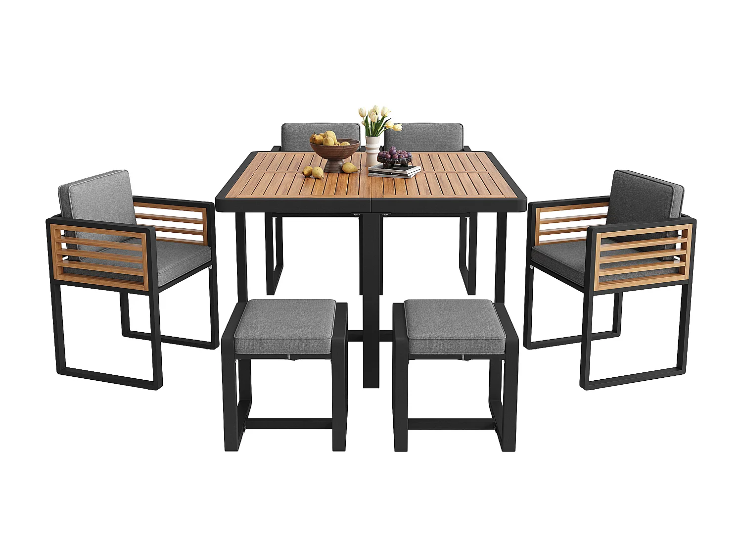 Ensemble de salle à manger de jardin pour 4-6 places, 1 tables à manger avec plateau en verre, en fer galvanisé, 4 fauteuils, 2 tabourets, gris