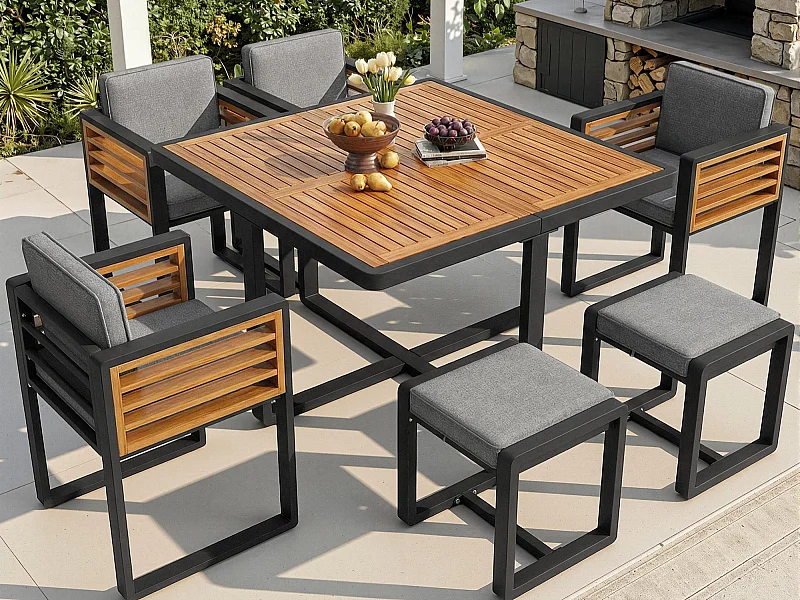 Ensemble de salle à manger de jardin pour 4-6 places, 1 tables à manger avec plateau en verre, en fer galvanisé, 4 fauteuils, 2 tabourets, gris