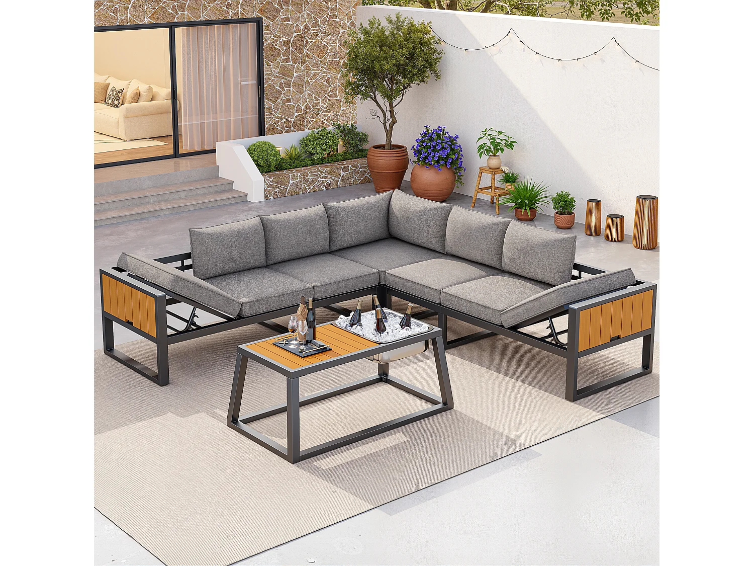 Salon de jardin - 6 places - en acier galvanisé - canapé d'angle - avec table basse - plateau en bois plastique -  et seau à glace en métal, Gris