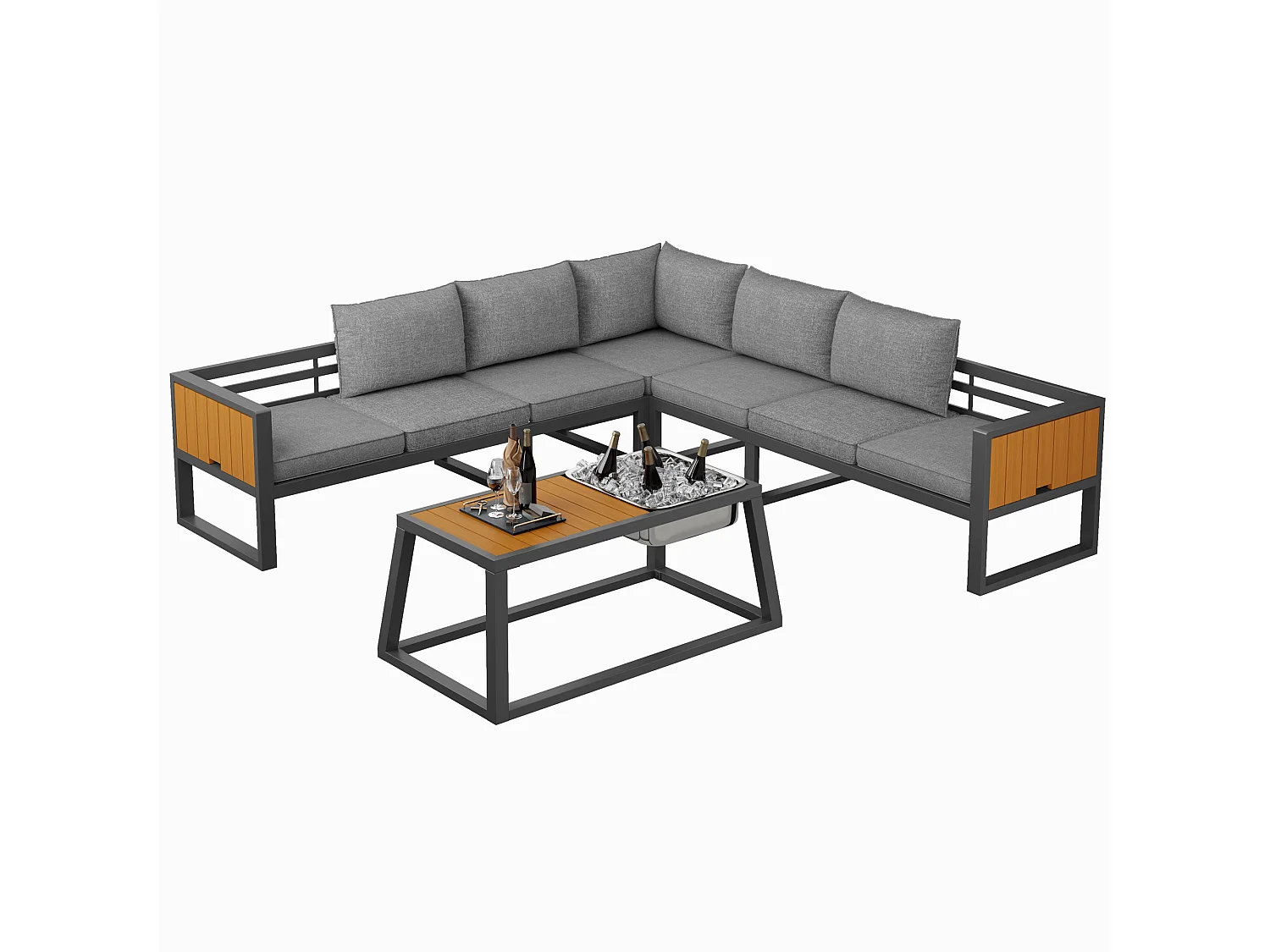 Salon de jardin - 6 places - en acier galvanisé - canapé d'angle - avec table basse - plateau en bois plastique -  et seau à glace en métal, Gris
