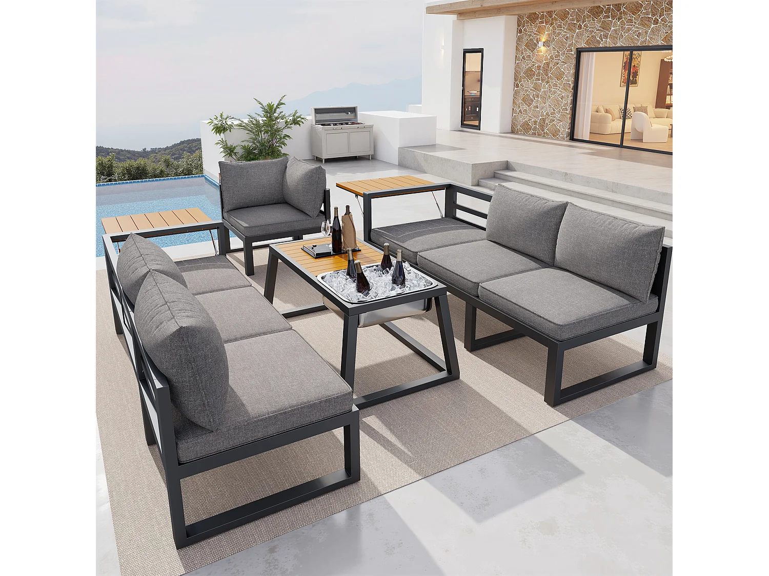 Salon de jardin - 6 places - en acier galvanisé - canapé d'angle - avec table basse - plateau en bois plastique -  et seau à glace en métal, Gris