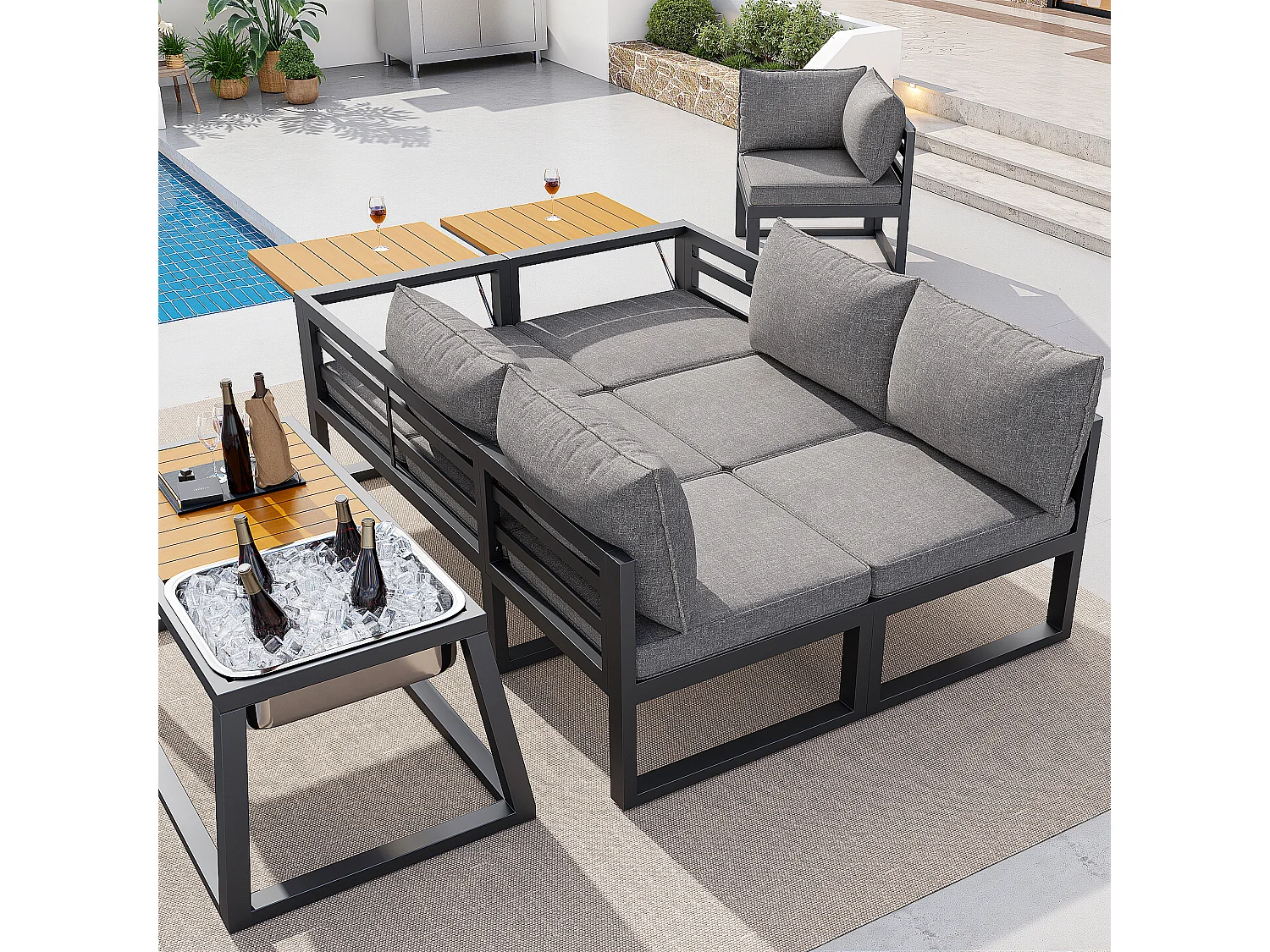 Salon de jardin - 6 places - en acier galvanisé - canapé d'angle - avec table basse - plateau en bois plastique -  et seau à glace en métal, Gris
