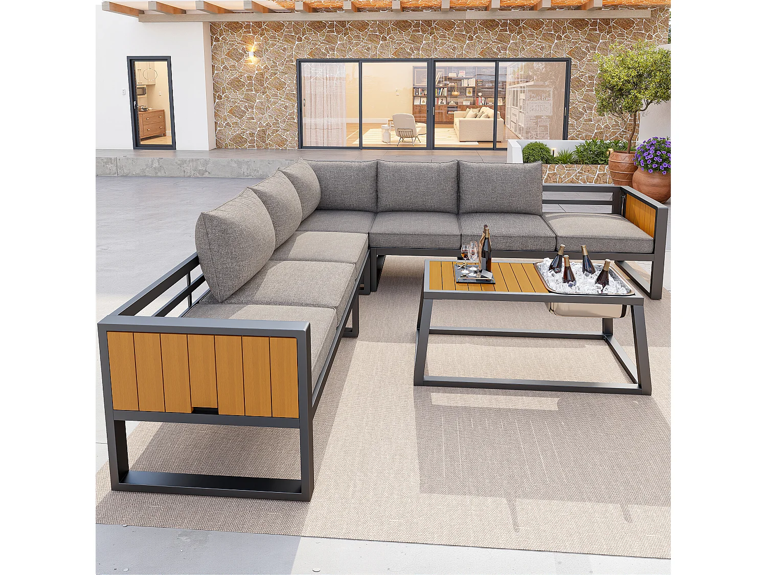 Salon de jardin - 6 places - en acier galvanisé - canapé d'angle - avec table basse - plateau en bois plastique -  et seau à glace en métal, Gris