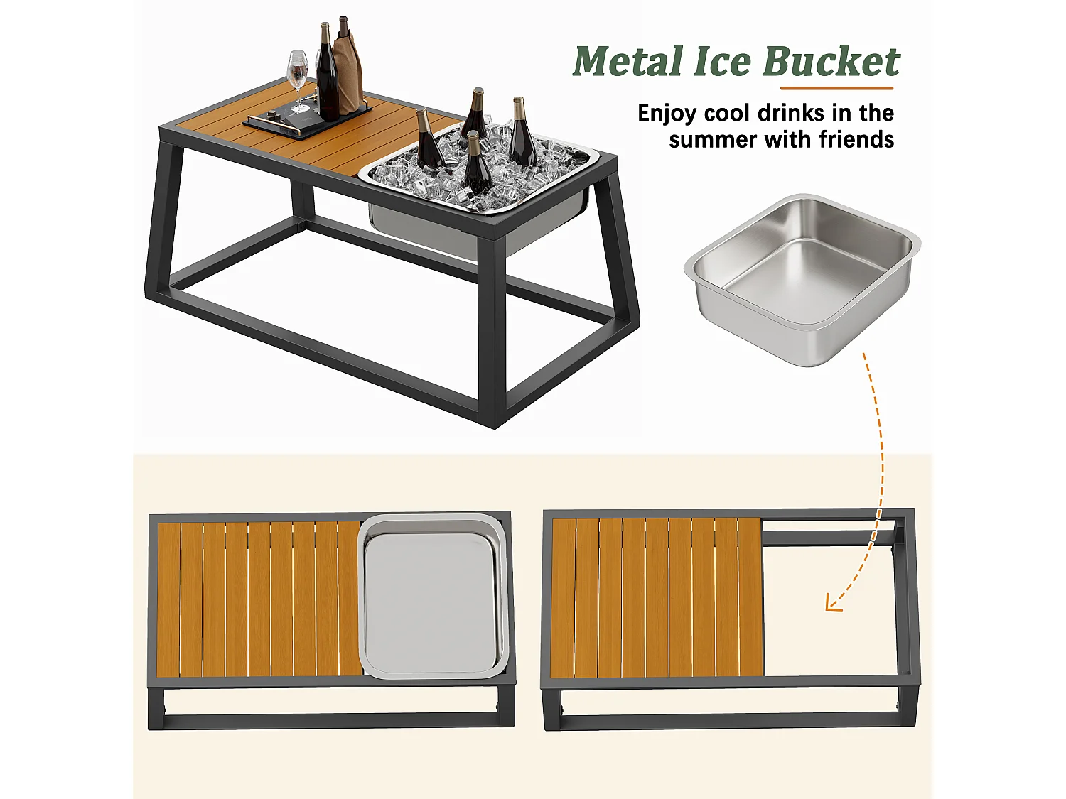 Salon de jardin - 6 places - en acier galvanisé - canapé d'angle - avec table basse - plateau en bois plastique -  et seau à glace en métal, Gris