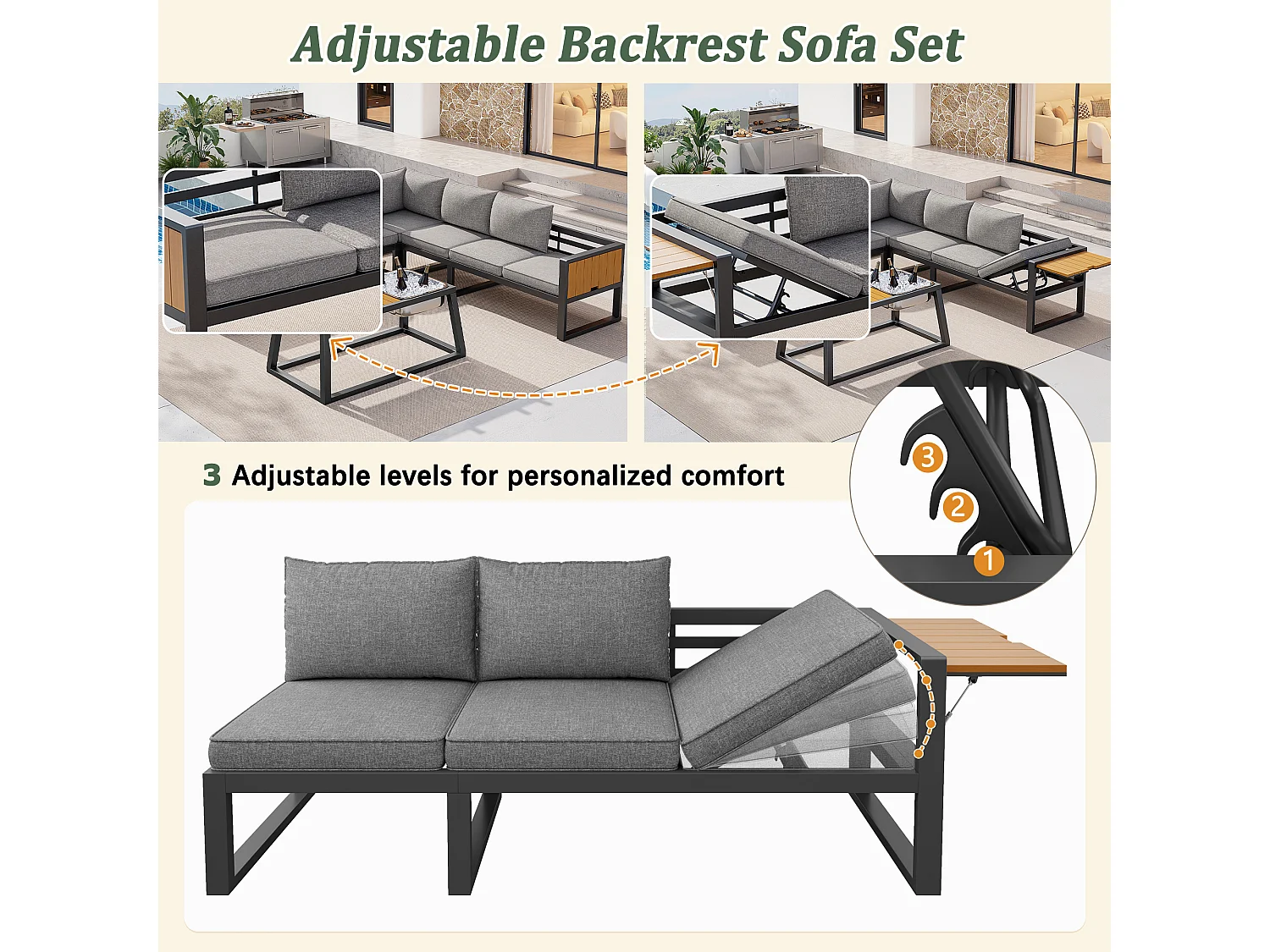 Salon de jardin - 6 places - en acier galvanisé - canapé d'angle - avec table basse - plateau en bois plastique -  et seau à glace en métal, Gris