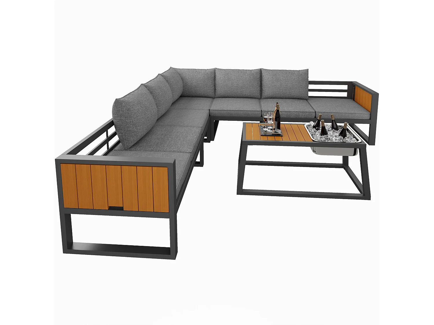 Salon ogrodowy - 6 osób - ze stali ocynkowanej - kanapa narożna - ze stolikiem kawowym - blat z tworzywa drewnopodobnego - i metalowym kubkiem na lód, Szary