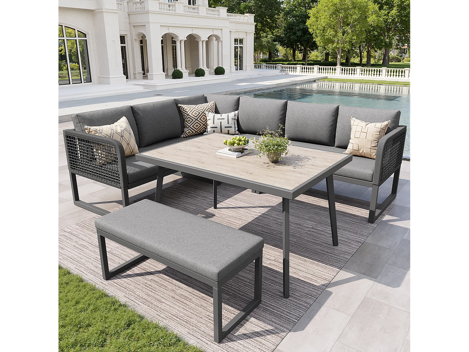 Salon de jardin, ensemble de meubles en rotin PE pour 6-8 places - canapé d'angle - en fer galvanisé - Plateau de table à l'aspect bois- banc, Gris