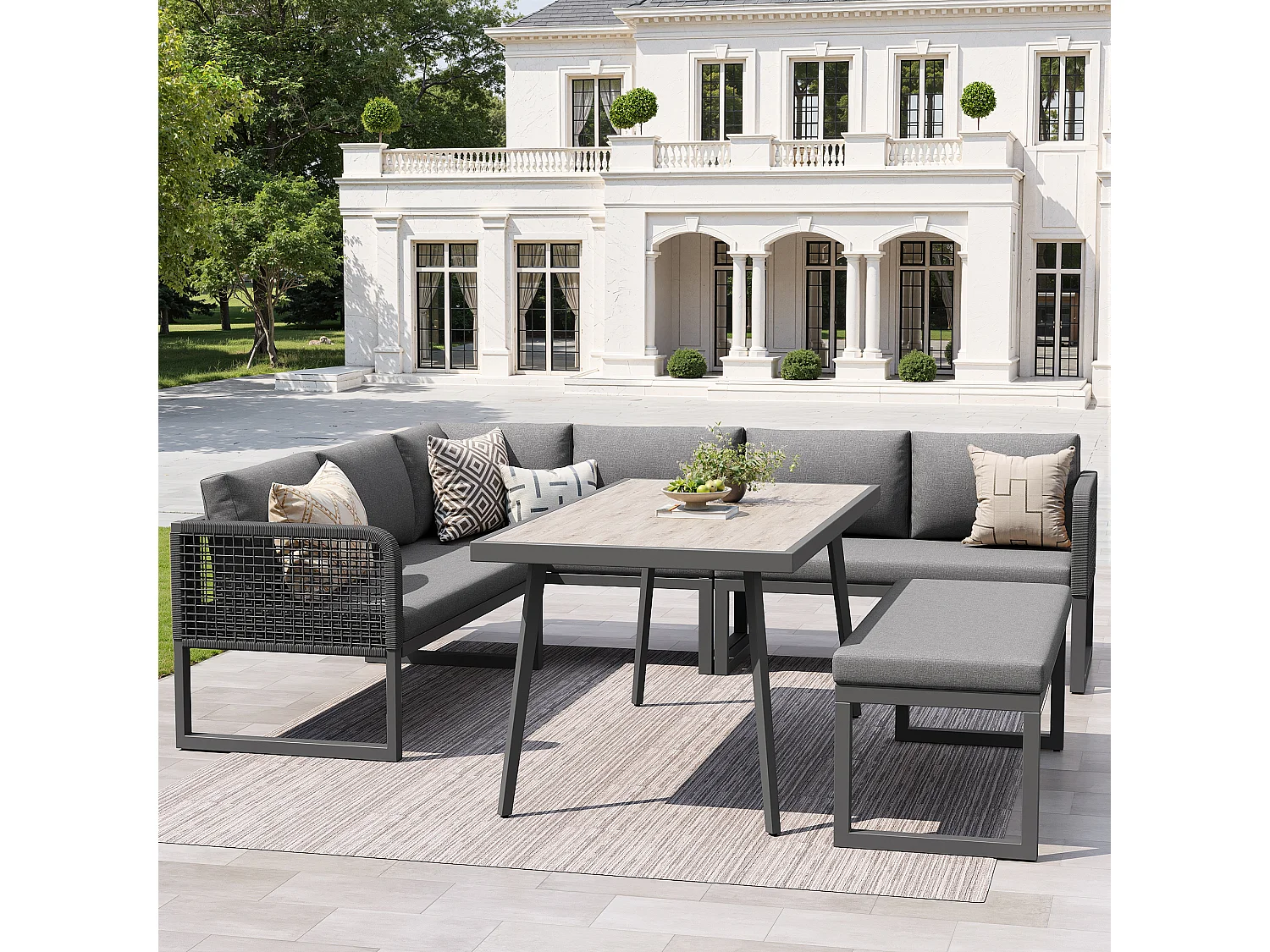 Salon de jardin, ensemble de meubles en rotin PE pour 6-8 places - canapé d'angle - en fer galvanisé - Plateau de table à l'aspect bois- banc, Gris