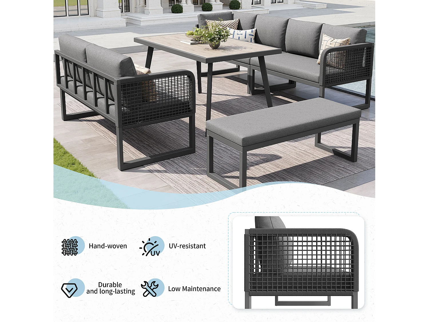 Salon de jardin, ensemble de meubles en rotin PE pour 6-8 places - canapé d'angle - en fer galvanisé - Plateau de table à l'aspect bois- banc, Gris