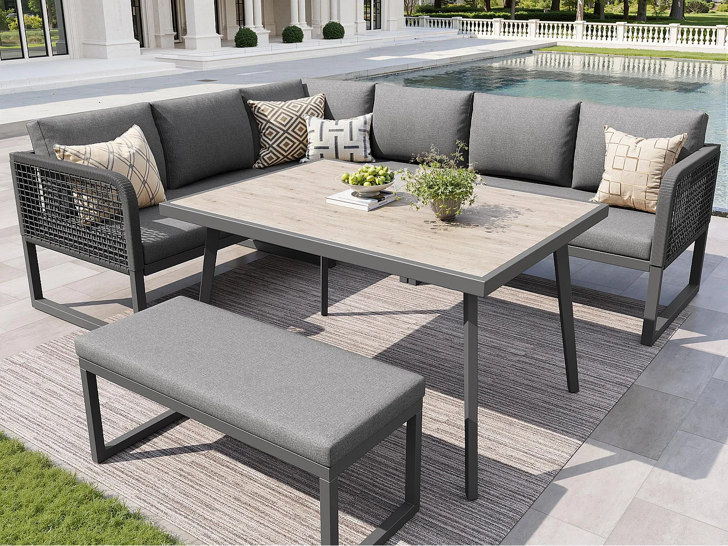 Salon de jardin, ensemble de meubles en rotin PE pour 6-8 places - canapé d'angle - en fer galvanisé - Plateau de table à l'aspect bois- banc, Gris