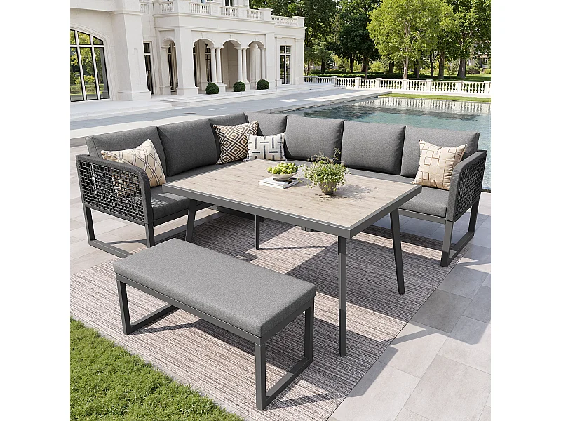 Salon de jardin, ensemble de meubles en rotin PE pour 6-8 places - canapé d'angle - en fer galvanisé - Plateau de table à l'aspect bois- banc, Gris