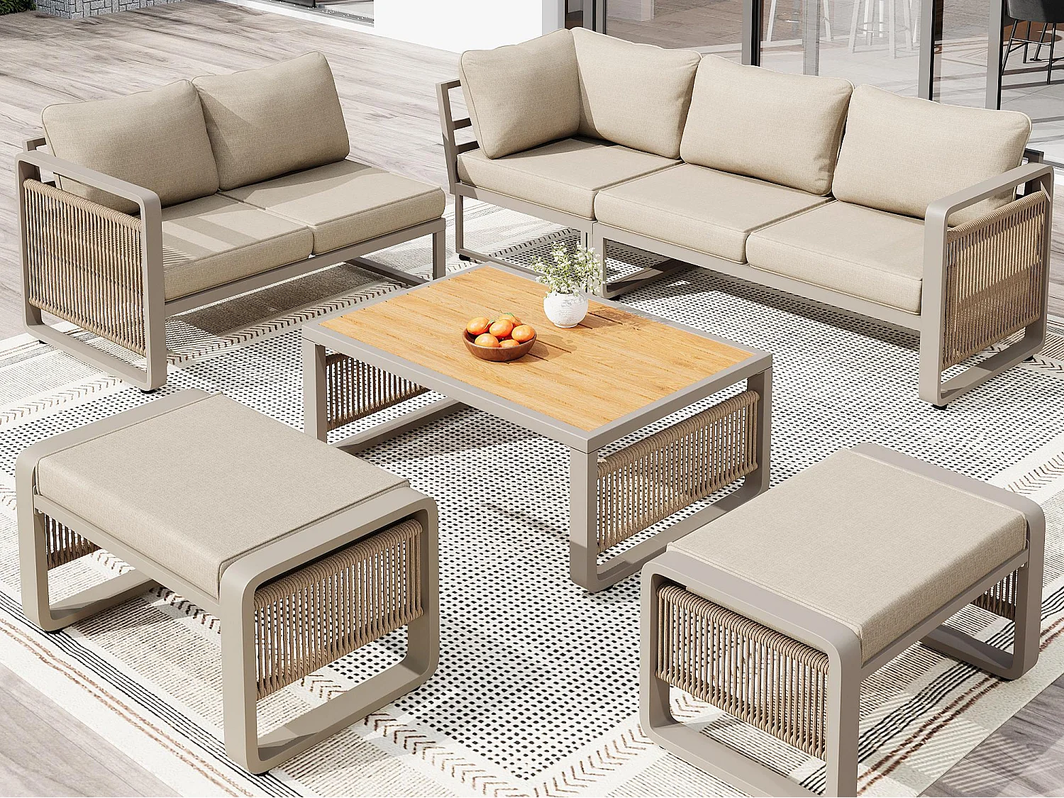 Salon de jardin, ensemble de meubles pour 6-7 personnes - cordage - canapé d'angle - en fer galvanisé - table basse - 2 tabourets, Beige