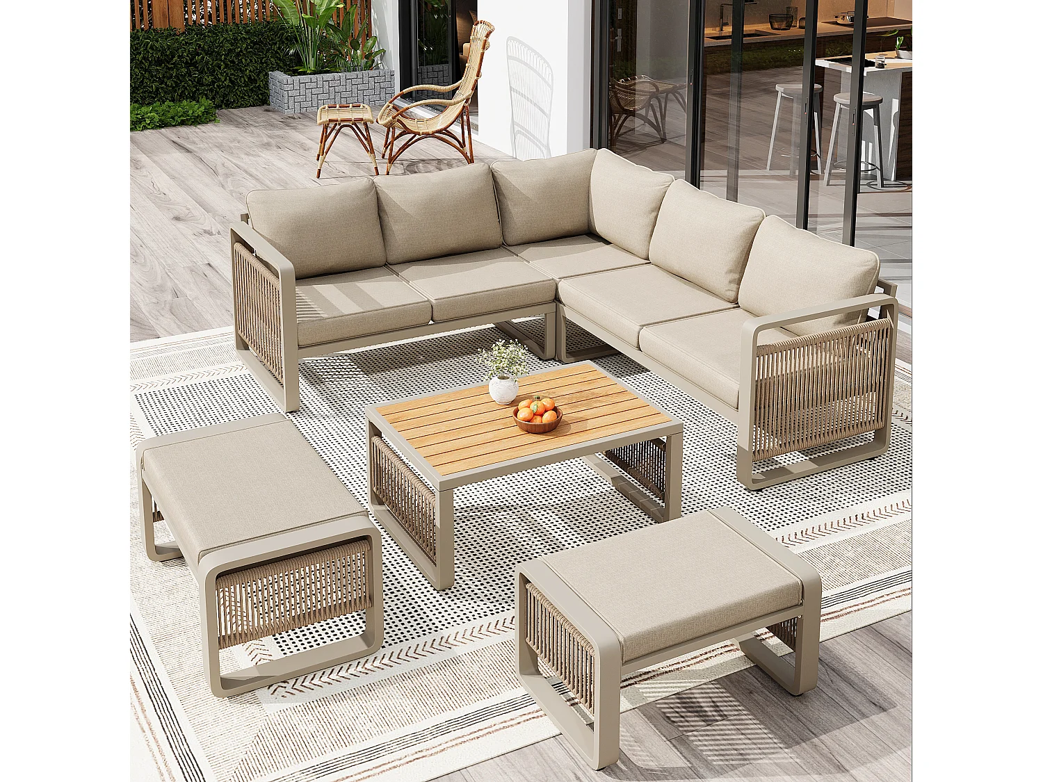 Salon de jardin, ensemble de meubles pour 6-7 personnes - cordage - canapé d'angle - en fer galvanisé - table basse - 2 tabourets, Beige