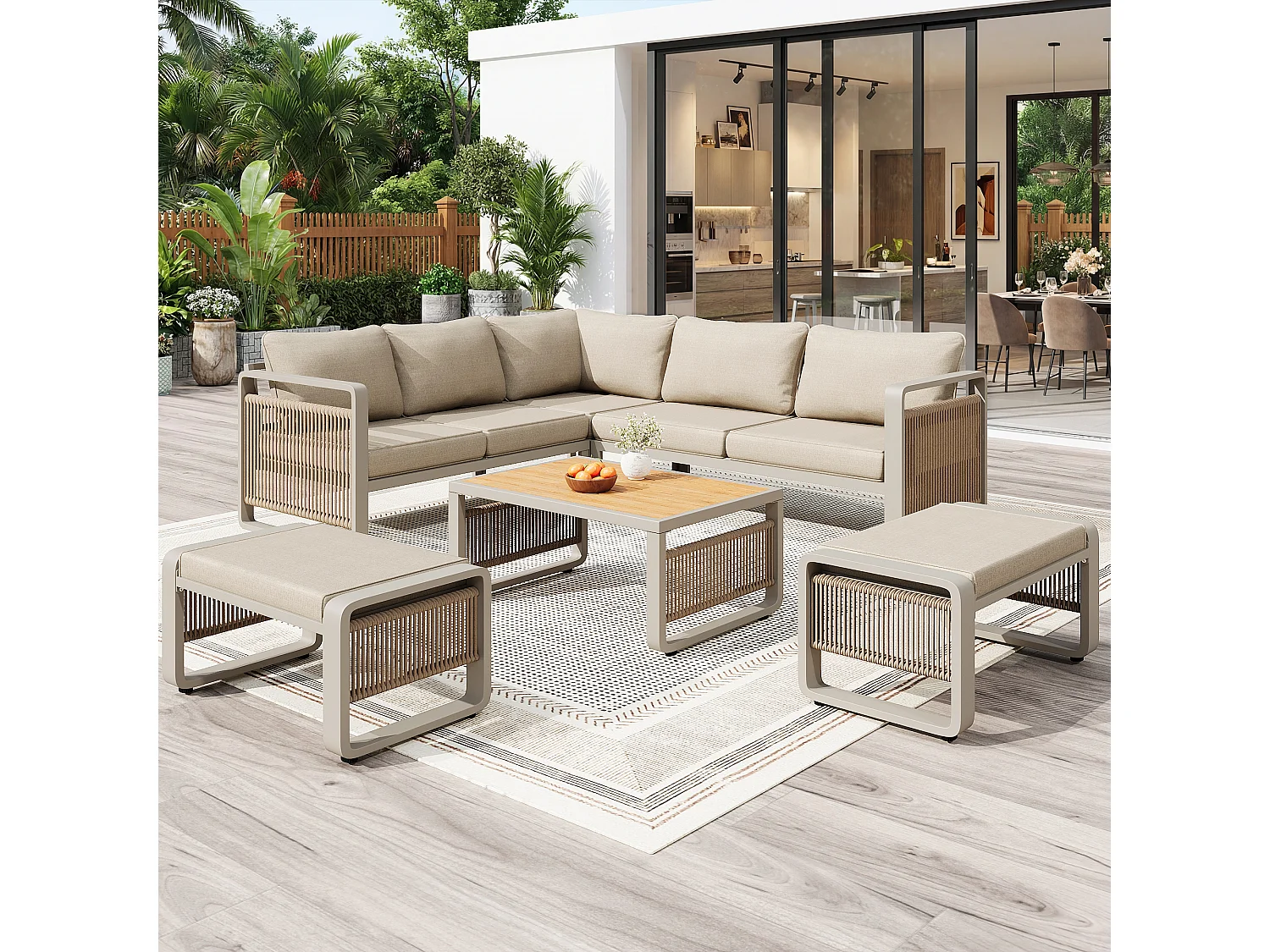 Salon de jardin, ensemble de meubles pour 6-7 personnes - cordage - canapé d'angle - en fer galvanisé - table basse - 2 tabourets, Beige