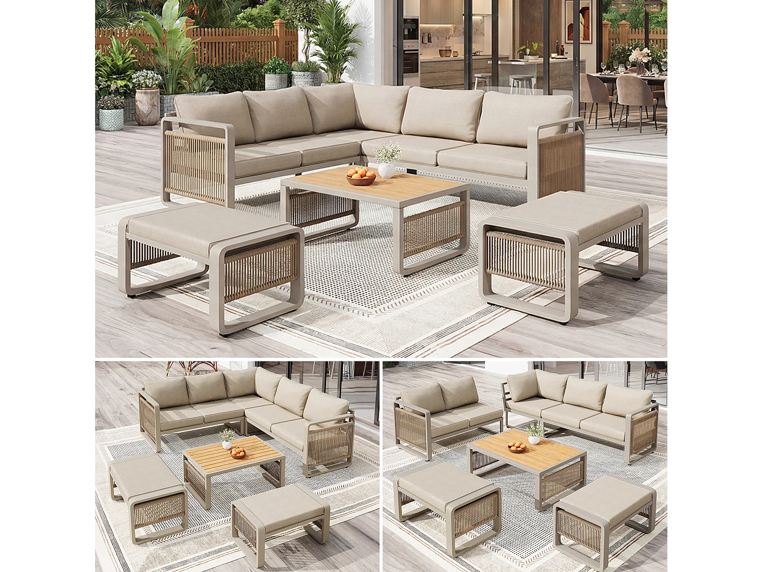 Salon de jardin, ensemble de meubles pour 6-7 personnes - cordage - canapé d'angle - en fer galvanisé - table basse - 2 tabourets, Beige
