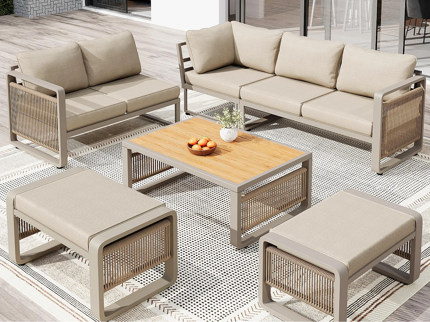 Garten-Salon, Möbelset für 6-7 Personen - Tauwerk - Ecksofa - aus verzinktem Eisen - Beistelltisch - 2 Hocker, Beige