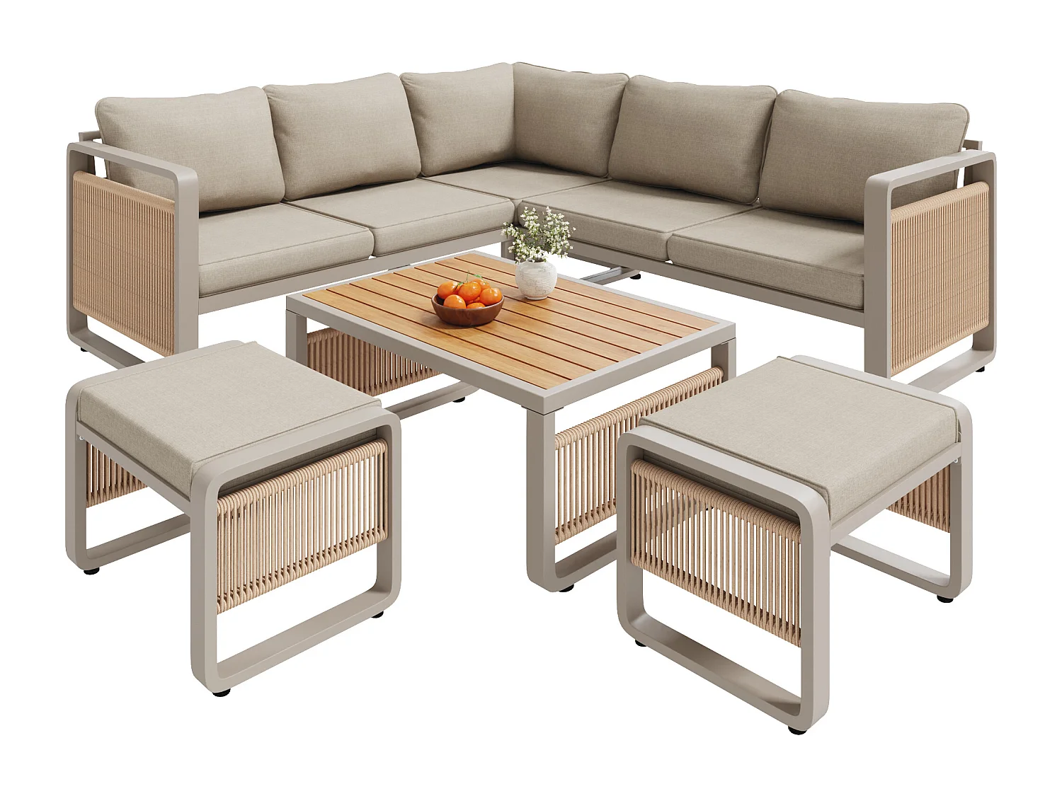 Garten-Salon, Möbelset für 6-7 Personen - Tauwerk - Ecksofa - aus verzinktem Eisen - Beistelltisch - 2 Hocker, Beige