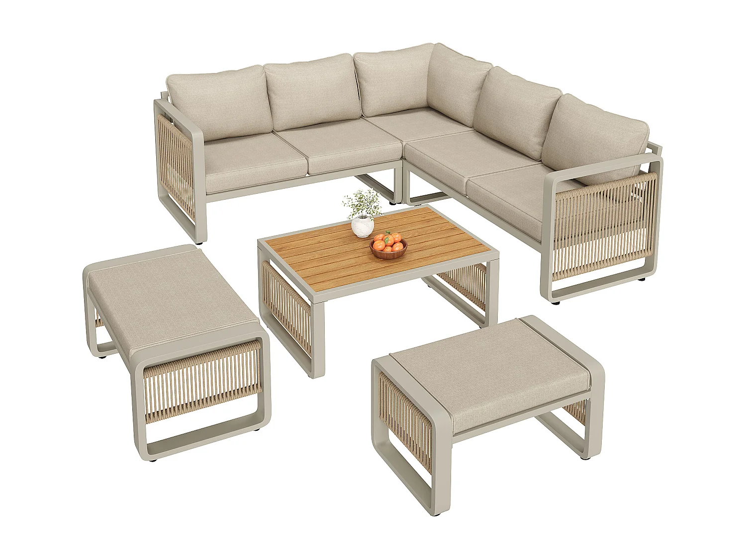 Garten-Salon, Möbelset für 6-7 Personen - Tauwerk - Ecksofa - aus verzinktem Eisen - Beistelltisch - 2 Hocker, Beige