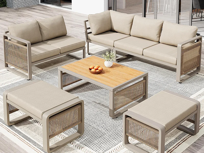 Garten-Salon, Möbelset für 6-7 Personen - Tauwerk - Ecksofa - aus verzinktem Eisen - Beistelltisch - 2 Hocker, Beige