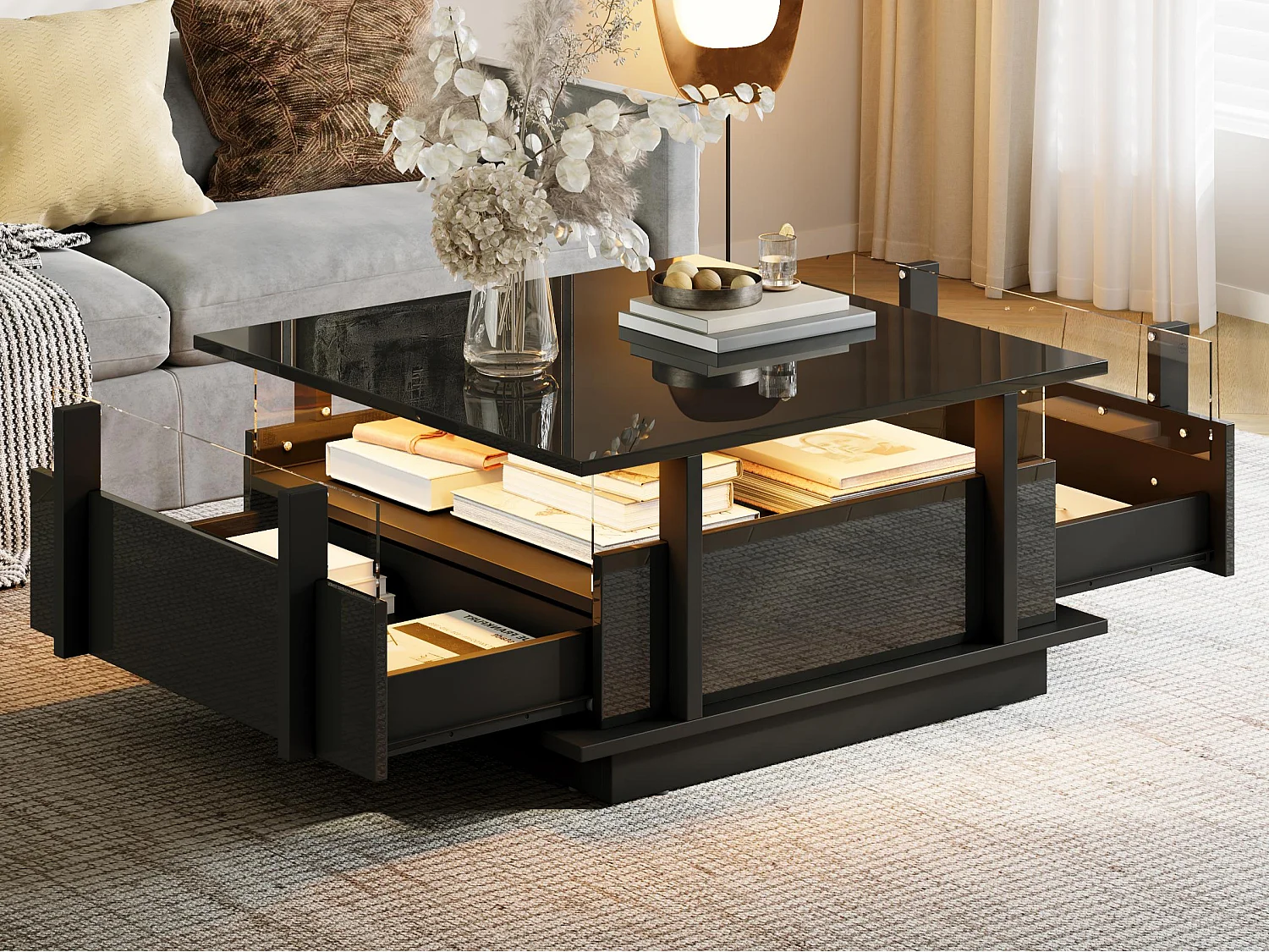 Quadratischer Hochglanz-Beistelltisch 70x70x35 cm - mit 2 Schubladen - LED-Beleuchtung und Acrylregal - Spanplatten - schwarz