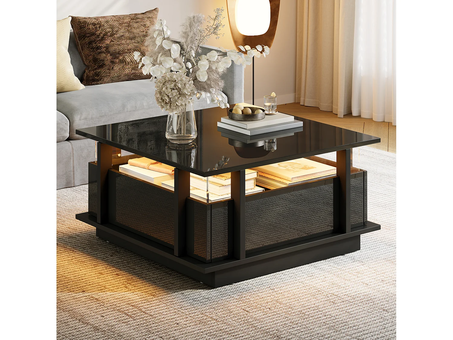 Quadratischer Hochglanz-Beistelltisch 70x70x35 cm - mit 2 Schubladen - LED-Beleuchtung und Acrylregal - Spanplatten - schwarz