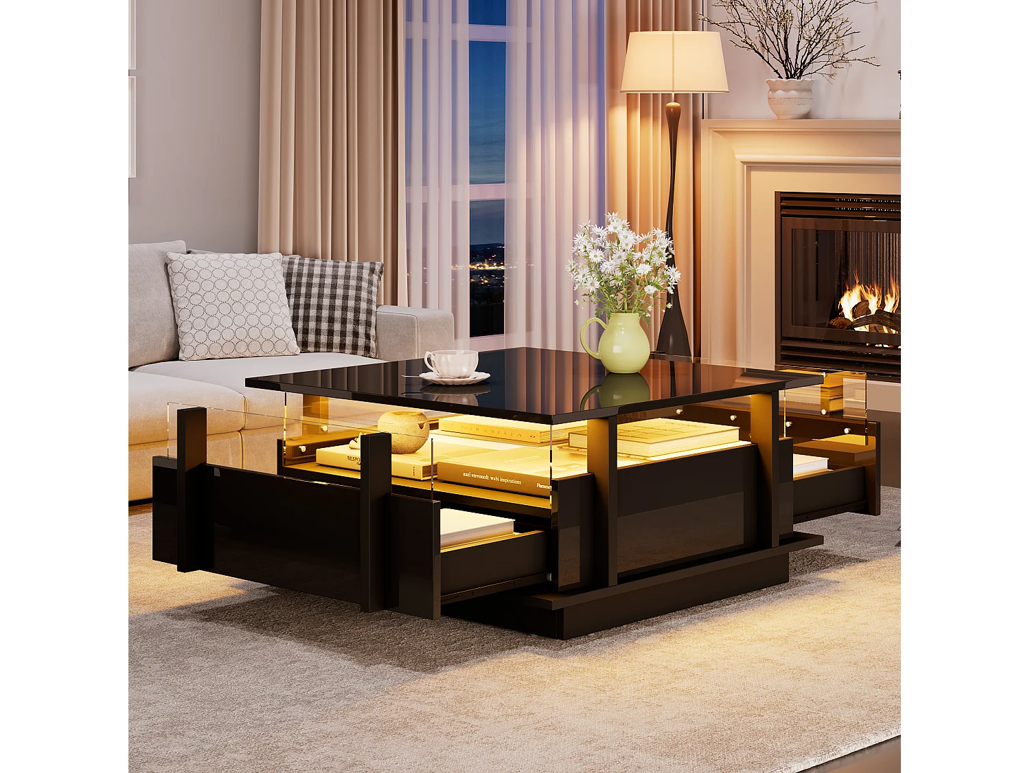 Quadratischer Hochglanz-Beistelltisch 70x70x35 cm - mit 2 Schubladen - LED-Beleuchtung und Acrylregal - Spanplatten - schwarz