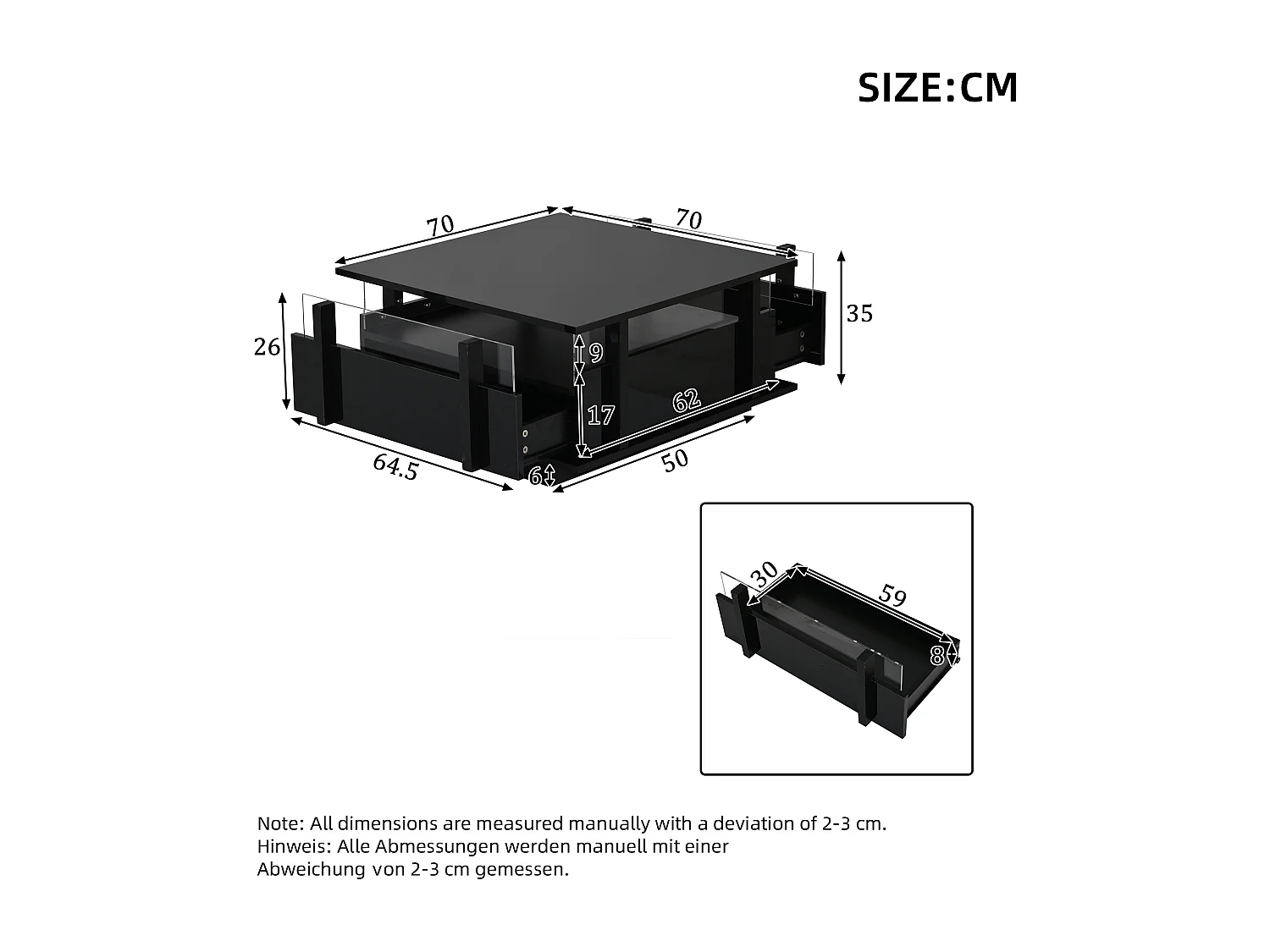 Quadratischer Hochglanz-Beistelltisch 70x70x35 cm - mit 2 Schubladen - LED-Beleuchtung und Acrylregal - Spanplatten - schwarz