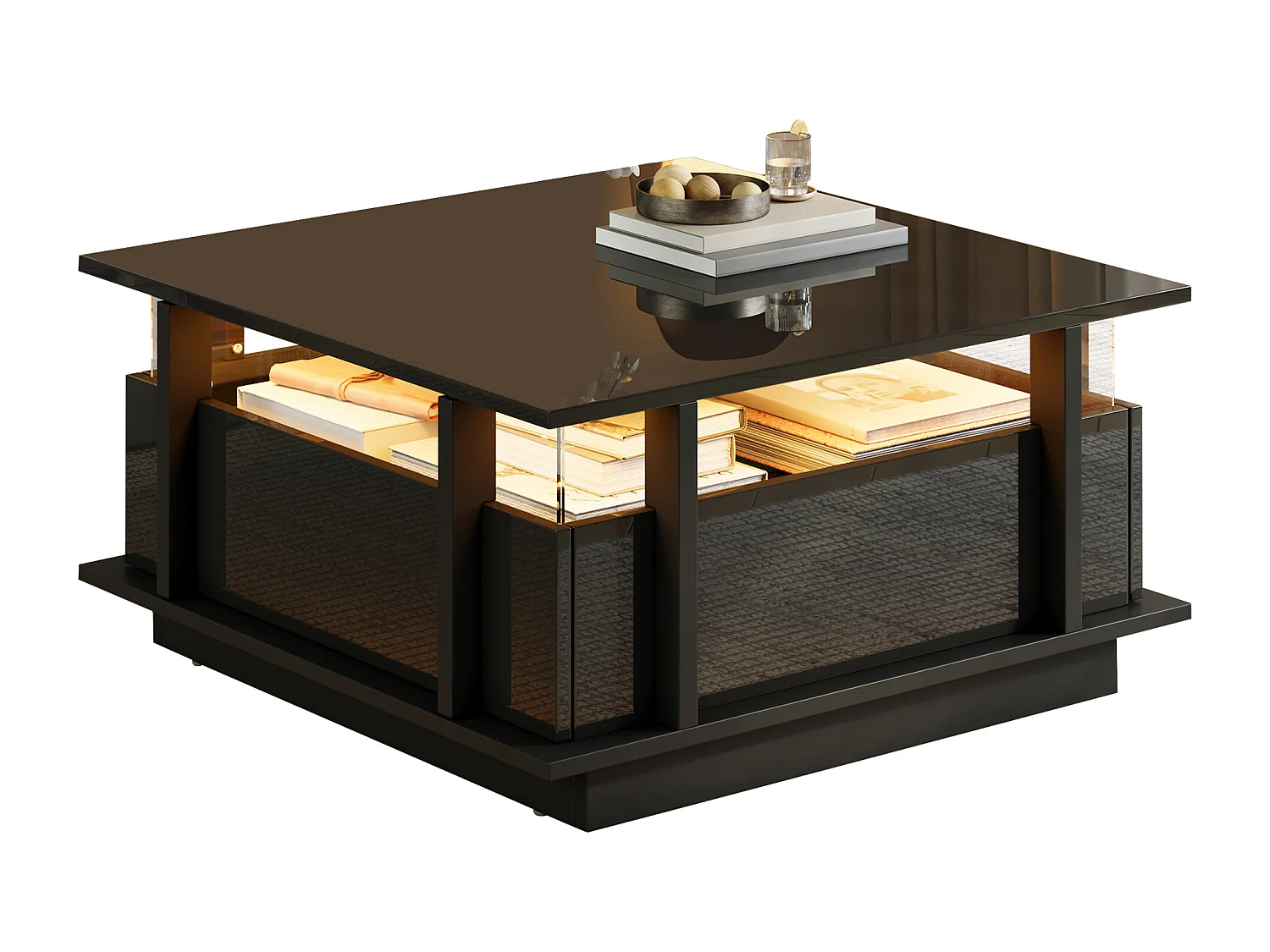 Quadratischer Hochglanz-Beistelltisch 70x70x35 cm - mit 2 Schubladen - LED-Beleuchtung und Acrylregal - Spanplatten - schwarz