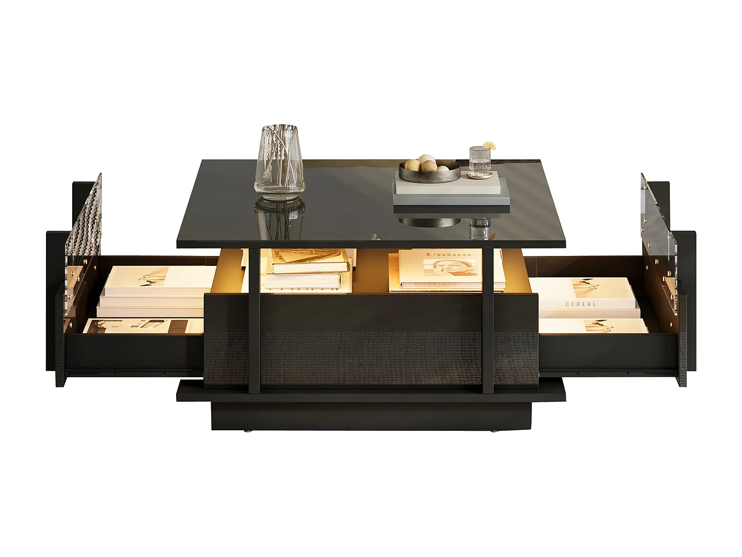 Quadratischer Hochglanz-Beistelltisch 70x70x35 cm - mit 2 Schubladen - LED-Beleuchtung und Acrylregal - Spanplatten - schwarz