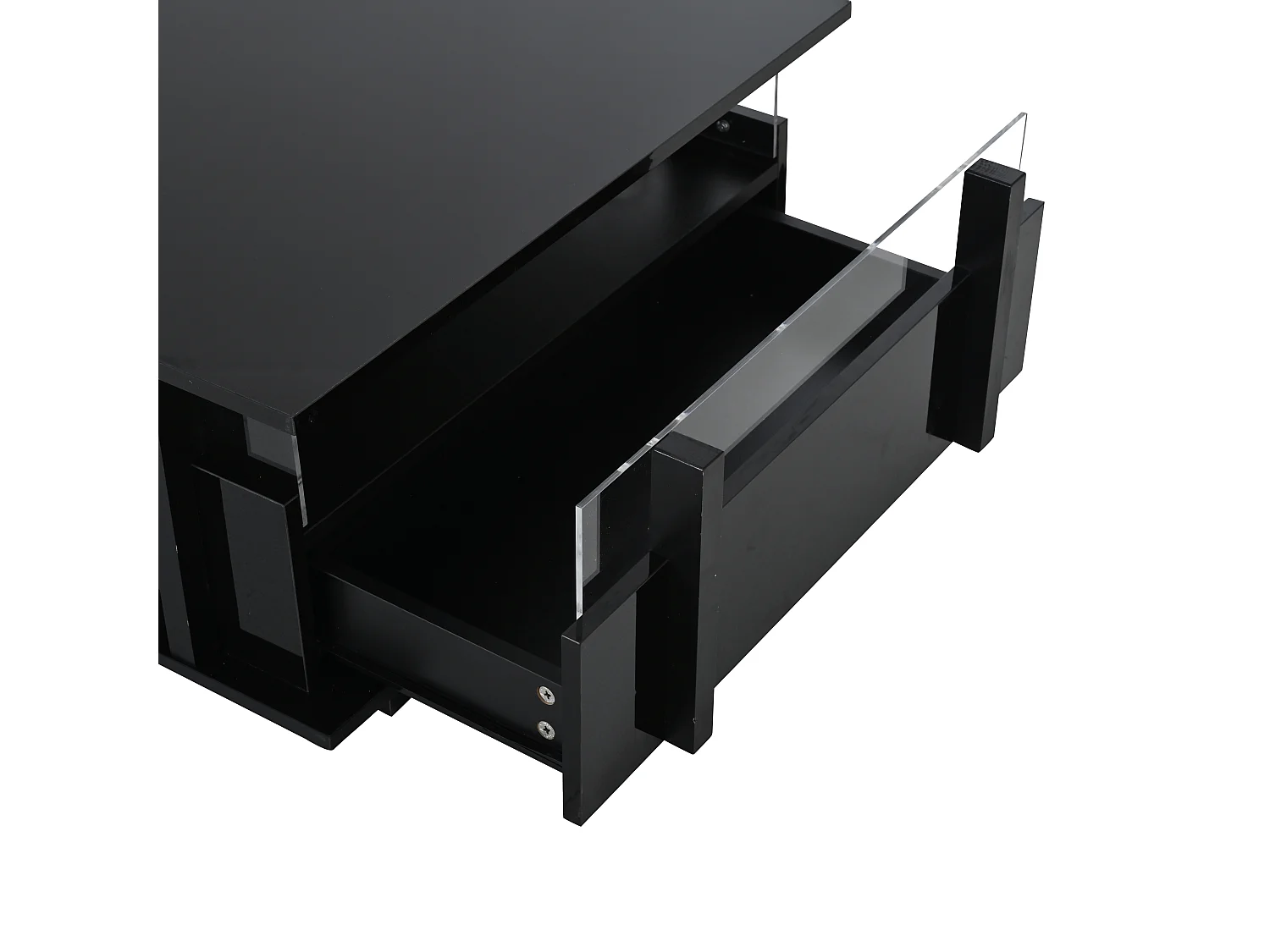 Quadratischer Hochglanz-Beistelltisch 70x70x35 cm - mit 2 Schubladen - LED-Beleuchtung und Acrylregal - Spanplatten - schwarz