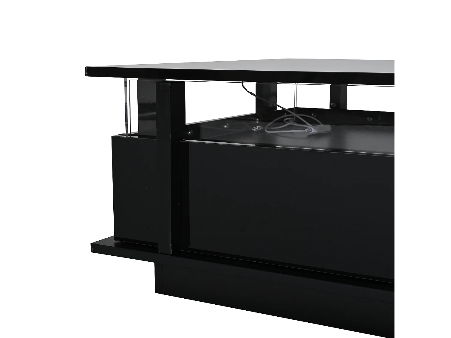 Quadratischer Hochglanz-Beistelltisch 70x70x35 cm - mit 2 Schubladen - LED-Beleuchtung und Acrylregal - Spanplatten - schwarz