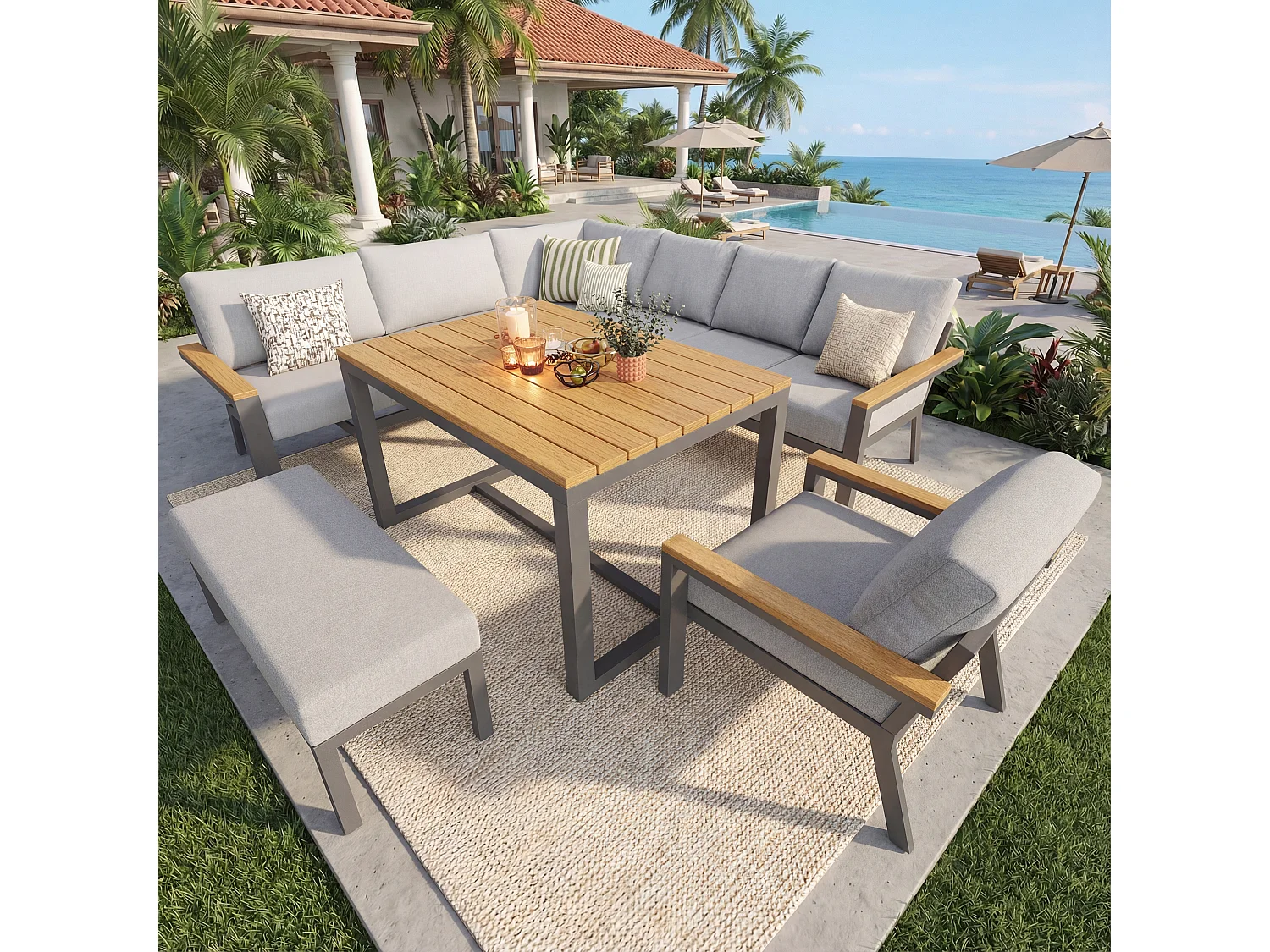 Garten-Salon, Möbelset aus Kunstholz für 6-8 Personen - Ecksofa - aus verzinktem Eisen - 1 Sessel - Bank, Grau