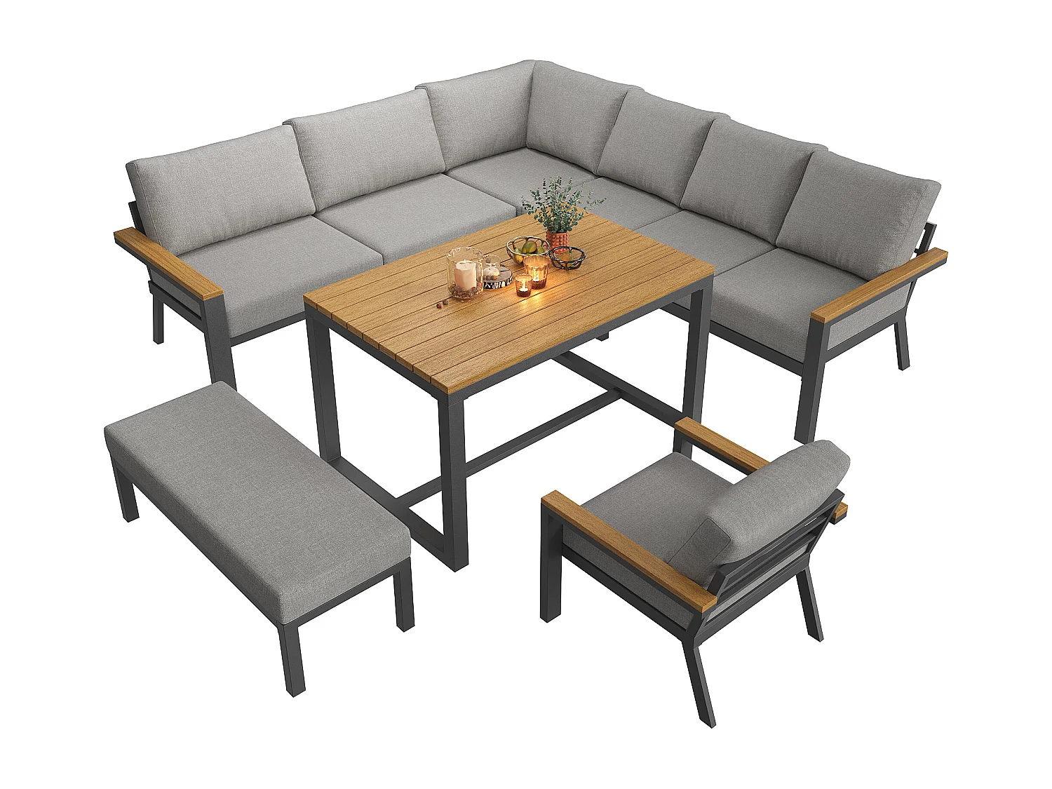 Garten-Salon, Möbelset aus Kunstholz für 6-8 Personen - Ecksofa - aus verzinktem Eisen - 1 Sessel - Bank, Grau