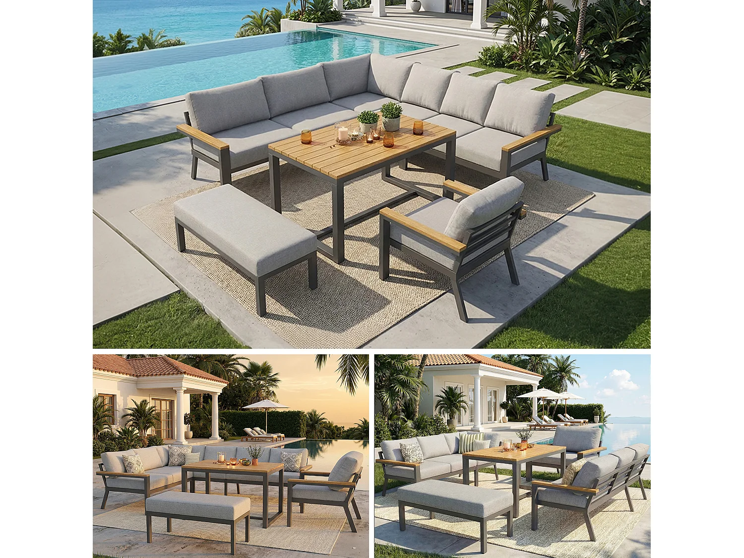 Garten-Salon, Möbelset aus Kunstholz für 6-8 Personen - Ecksofa - aus verzinktem Eisen - 1 Sessel - Bank, Grau