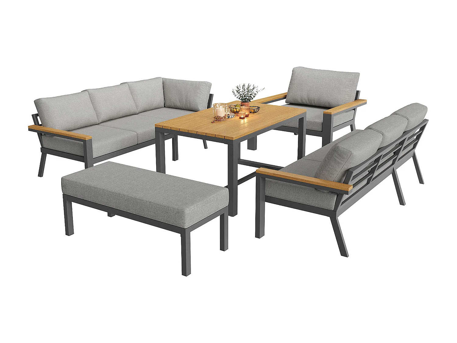 Garten-Salon, Möbelset aus Kunstholz für 6-8 Personen - Ecksofa - aus verzinktem Eisen - 1 Sessel - Bank, Grau