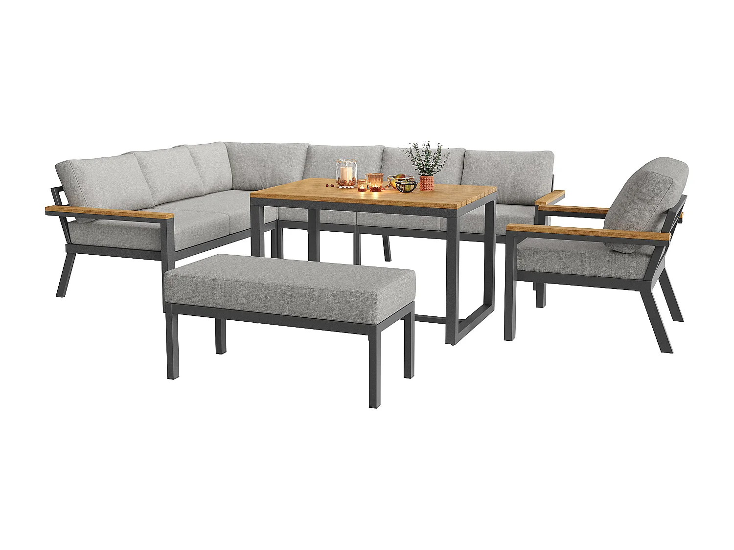 Garten-Salon, Möbelset aus Kunstholz für 6-8 Personen - Ecksofa - aus verzinktem Eisen - 1 Sessel - Bank, Grau