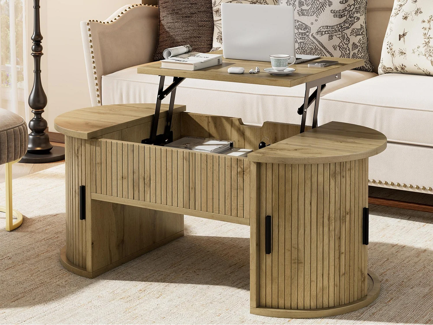 Höhenverstellbarer ovaler Beistelltisch 100x50x40,5 cm - Offene Regale und versteckter Stauraum - 2 Schiebetüren - MDF - Natur