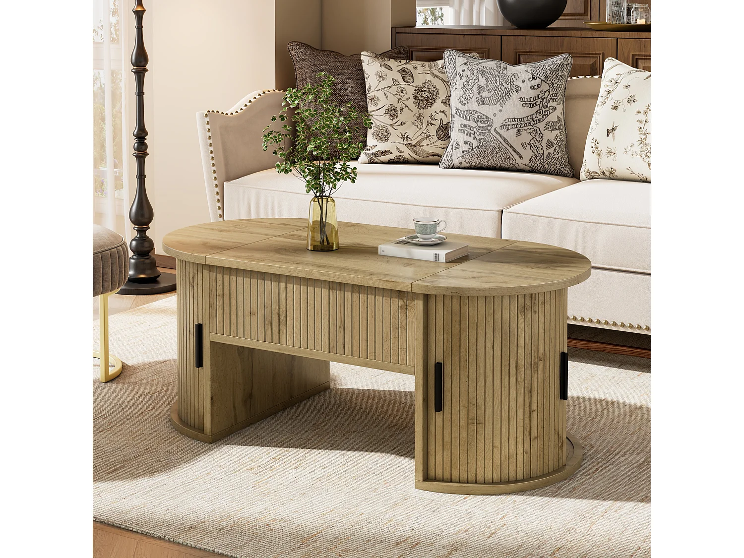 Höhenverstellbarer ovaler Beistelltisch 100x50x40,5 cm - Offene Regale und versteckter Stauraum - 2 Schiebetüren - MDF - Natur