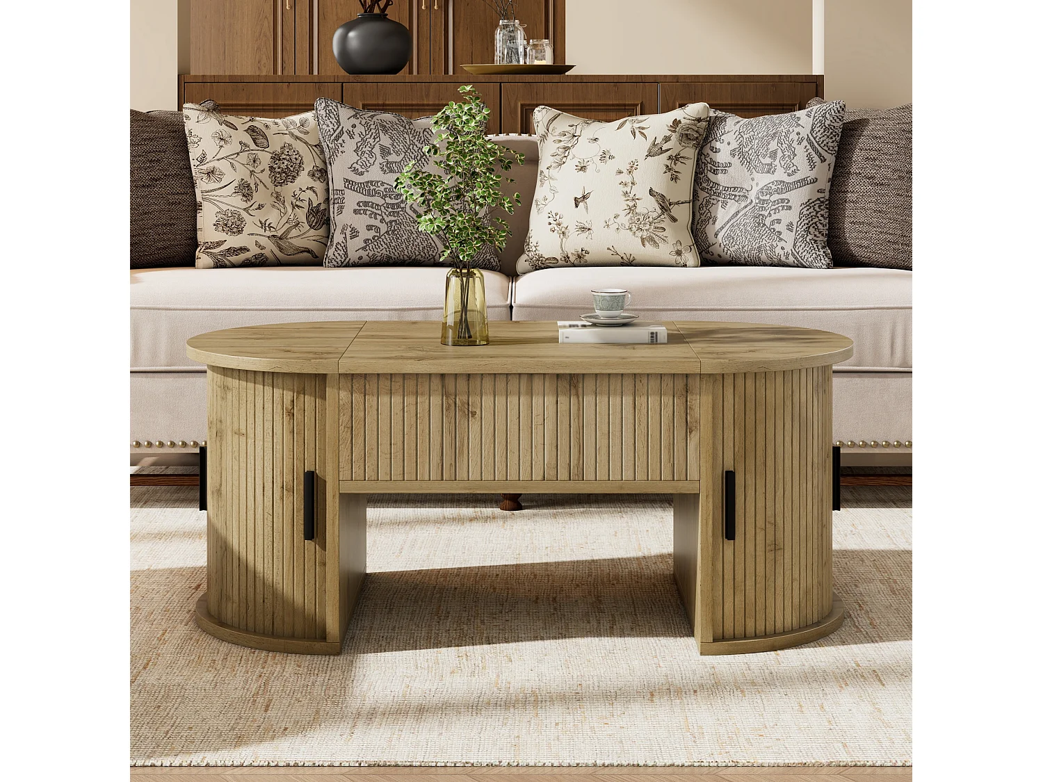 Höhenverstellbarer ovaler Beistelltisch 100x50x40,5 cm - Offene Regale und versteckter Stauraum - 2 Schiebetüren - MDF - Natur